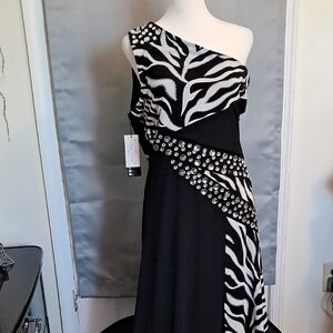 One-Shoulder Black and White Zebra-Print Evening Dress with Crystal Accents